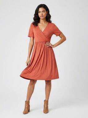 LuLaRoe Chantale Cross Front Dress • Side Seam Pockets • Coral Color